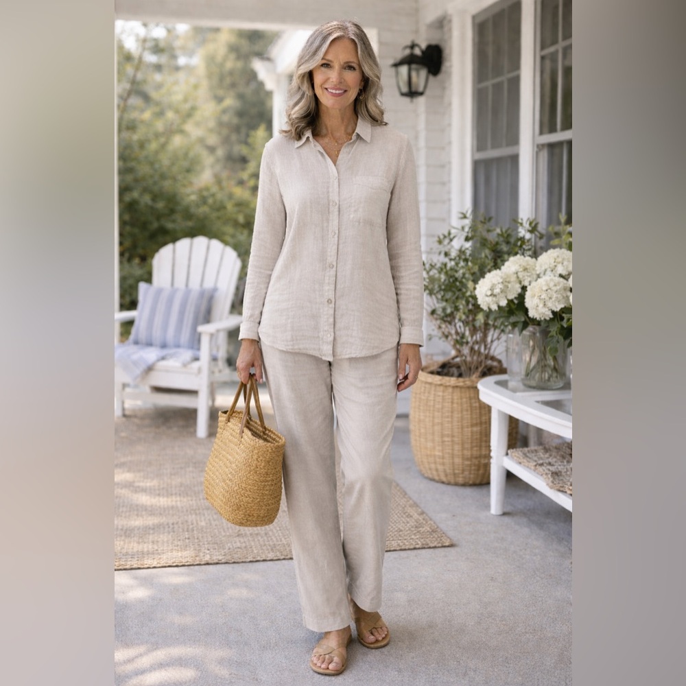 NWTS Time & Tru Women’s Cotton Double Cloth Papyrus Beige Button Up Shirt Sz L